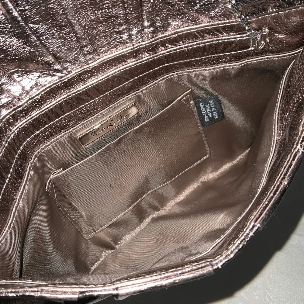 Kate Landry Shiny Platinum Pleated Clutch Chain Crossbody or Shoulder 10X6